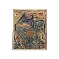 Artistic rectangle enamel pin featuring The Scream parody with bat design and gold trim - The Scream Bat