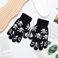 Knitted black touchscreen gloves with white skull and crossbones pattern for winter sports - One Size / Full Finger 7 Skulls