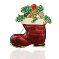 Christmas red boot brooch pin with holly leaves and sparkling crystal rhinestones - Red Christmas Boot