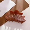 Amber marble resin flower hair claw clip with gold rhinestones on brown leather - 9cm / Brown