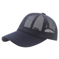 Detailed macro view of navy blue mesh baseball cap with silver metal fashion emblem - Navy Blue