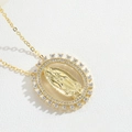 Gold plated necklace with oval Virgin Mary pendant and sparkling zircon inlay - Hollow White Zirconia Virgin Mary