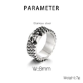Detailed parameter view of gothic stainless steel skull ring with 8mm width and 7g weight - US 7 / Antique Silver (KR110096-TLX)