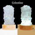 Natural light blue celestite crystal night light on wooden base, on and off view - Celestine Wellness Lamp - 10.5x6cm