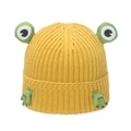 Bright yellow knitted frog hat with cute cartoon 3D eyes and 'Good' embroidery - M (56-58cm) / Yellow