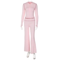 Pink sporty hooded two-piece set with red contrast stitching and slim flared pants - XS / Pink