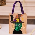 Sacchetto Halloween in iuta con strega verde 3D e manici a strisce viola per dolciumi - Strega