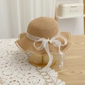 Detail of hand-woven straw hat with scalloped brim and white pearl chiffon bow ribbon - 52cm (Recommended 2-6 Years) / Khaki Hat
