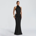 Detail of elegant backless black evening gown featuring waist cut-outs and fishtail hemline - S / Black