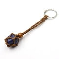 Handmade woven net keychain with deep blue natural raw stone and brown cord detail - Blue Vein Stone + Brown Mesh Keychain