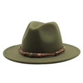 Olive green wide brim fedora hat with brown leather braid and skull metal buckle - One Size 58cm / Army Green
