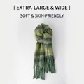 Extra wide soft scarf in dark green and yellow striped knit with fringe tassels - Retro Wide Stripe Green Forest