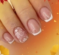 Macro detail of French tip press-on nails with white maple leaf pattern and subtle glitter - White French Maple Leaf Style (CW716) / 24Pcs Set (Includes Jelly Glue + File)
