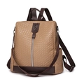 Brown and khaki woven PU leather backpack for women with convertible shoulder straps - Woven Khaki