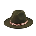 Detail of dark olive wool fedora hat featuring a stylish pink chain band decoration - Olive Green (25)