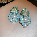 Close-up of blue and green floral crystal earrings with gold plating and pearl details - Blue Gem Flower Pearl Style (53#)