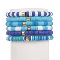 Bohemian 6-piece Heishi clay bead bracelets set in blue and white with gold accents - Dark Blue & Light Blue Ocean Series