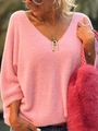 Eleganter übergroßer V-Ausschnitt Strickpullover für Damen aus rosa Plüschstoff - S / Rosa