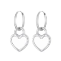 Pendientes de aro con corazón plateado, esmalte blanco y bordes de metal texturizado - Estilo Corazón Blanco Plateado (KE108732-Z)