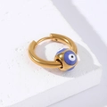Gold stainless steel hoop earring with blue evil eye pendant on textured surface - Gold-Blue