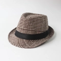 Cappello fedora traspirante da uomo con motivo pied de poule marrone e beige e nastro nero - M (56-58cm) / Lana a Quadri Caffè