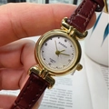 Women's quartz watch with gold case, burgundy leather strap and silver rhinestone dial - Coffee White Dial