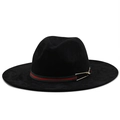 Detail of black fedora hat with green-red web stripe and gold safety pin accent - M(56-58cm) / Black