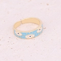 Detailed view of light blue enamel evil eye patterns on a gold adjustable metal ring - Light Blue Enamel Evil Eye (6#)
