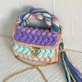 Hand-woven purple knit handbag with a chunky braid handle, gold chain and large tassel - Purple Green Peach