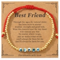Bracelet tressé rouge avec perles dorées et charms œil bleu sur carte cadeau élégante - Style perles dorées + Carte Best Friend
