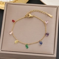 Gold-plated stainless steel chain bracelet featuring seven colorful gemstone charms - Gold Colorful Gemstone Multi-Pendant Style (5288)