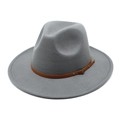 Detail of grey felt fedora hat featuring a brown leather strap and metal buckle - M (56-58cm) / Gray