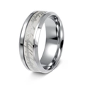 Detailed macro view of silver steel ring with glowing Tengwar elvish script engraving - US 6 / Silver