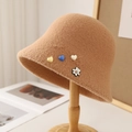 Cozy camel faux shearling bucket hat with heart accents and cute bear embroidery patch - M (56-58cm) / Bear Style / Khaki