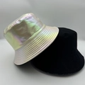 Detail view of colorful laser iridescent and classic black bucket hats stacked on base - Rainbow Laser 2-Piece Set (5)