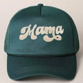 Detail of the white Mama embroidery on the front of the green mesh trucker cap - Dark Green