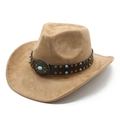 Classic faux suede western cowboy hat in tan with decorative beaded leather hat band - M (56-59cm) / Camel (Suede)