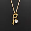 14K gold plated stainless steel necklace with initial 't' and rhinestone charms - Letter T (XNL0103)