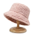 Plush lamb wool bucket hat in soft pink, minimalist solid color winter cap for women - One Size / Pink
