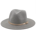 Close-up of grey woven fedora hat featuring a fine brown leather band and metal buckle - M (56-58cm) / Gray