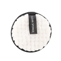 Round white microfiber makeup remover puff with black trim and Clean Sponge logo strap - 10cm / White