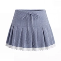 Blauw-wit geruite geplooide minirok met wit kant en een trekkoord in de taille - S / Minirok