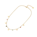 Gold stainless steel necklace with colorful gems and metal heart charms on white background - Heart Shape