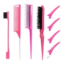 Set di strumenti per capelli rosa con spazzola per cotonare, pettine a coda e fermagli per capelli - Set da 8 Pezzi Rosso Rosa