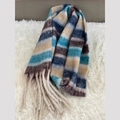 Winter plaid scarf featuring blue and brown checkered pattern with soft fringe tassels - Blue Brown Beige Stripes