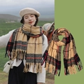 Classic plaid scarf in camel with black and red checks and elegant fringe detail - Black & Camel Plaid