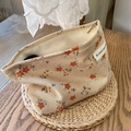 Beige corduroy makeup bag with orange floral pattern and durable metal zipper - Corduroy Apricot Floral