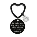 Black heart keychain with engraved round tag and sparkling rhinestone apple charm - JSYZ011 It takes a big heart to help shape little minds / Black