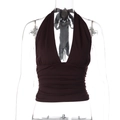Detailed view of the dark brown deep V-neck halter top with ruched waist and hem details - S / Coffee Brown