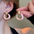 Pink enamel flower stud earrings with golden U-shaped frame for women in sweet style - 38# Pink and Gold U-Shaped Enamel Stud Earrings (Silver Earring Post)